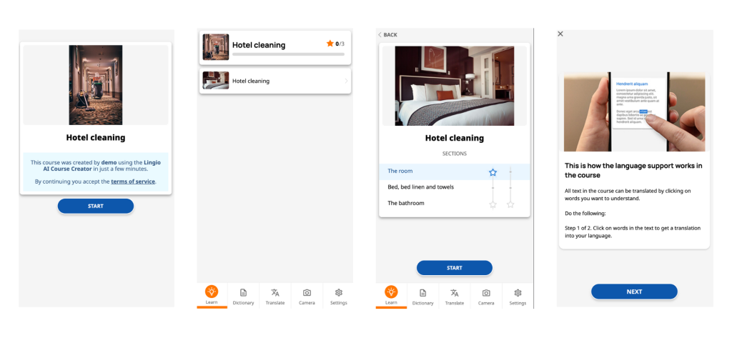 Lingio mobile app screens for a “Hotel cleaning” course created with the Lingio AI Course Creator — the course intro, the list of sections, a section’s lesson contents and the built-in tap-to-translate language support.