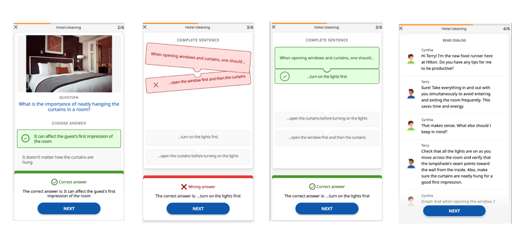 Gamified Lingio lessons on mobile — a multiple-choice question with instant feedback, complete-the-sentence exercises showing correct and incorrect answers, and a read-dialog roleplay between colleagues.