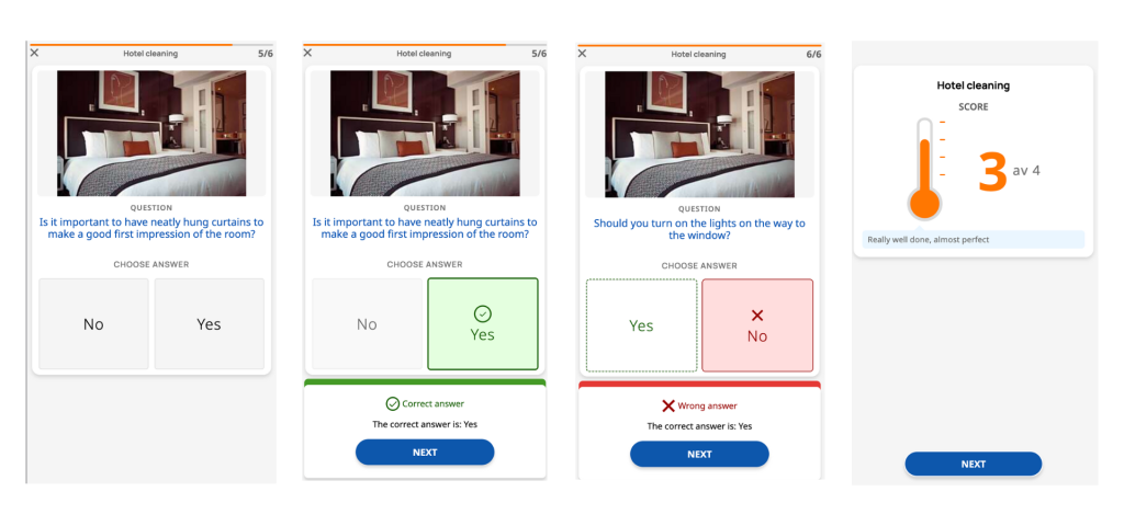 Lingio quiz screens on mobile — yes/no questions with correct and incorrect answer feedback and an end-of-course score screen rating the learner “almost perfect”.