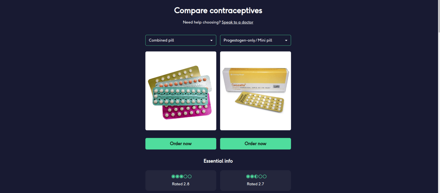 The Lowdown comparison tool showing two contraceptives side by side with their benefits and side effects
