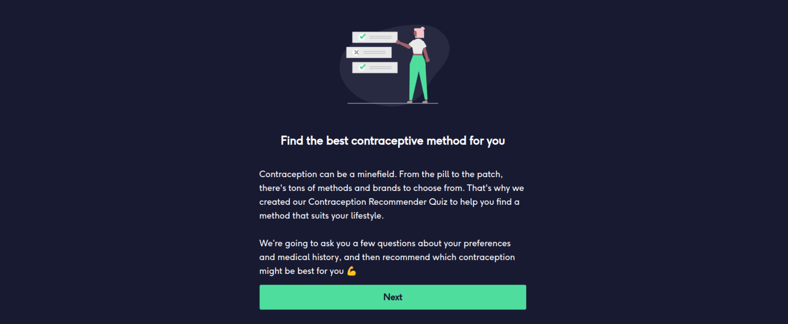 The Lowdown contraception recommender quiz, asking about preferences and medical history to suggest the best method