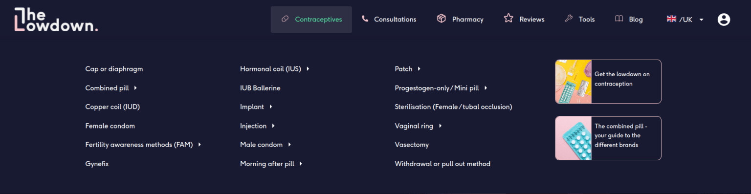 The Lowdown overview page listing all current contraception methods