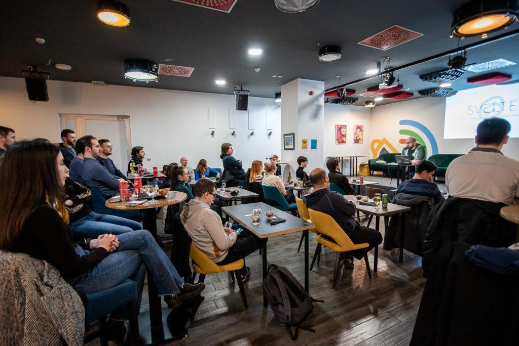 The packed lounge room at The Works Coworking during the Svelte lecture
